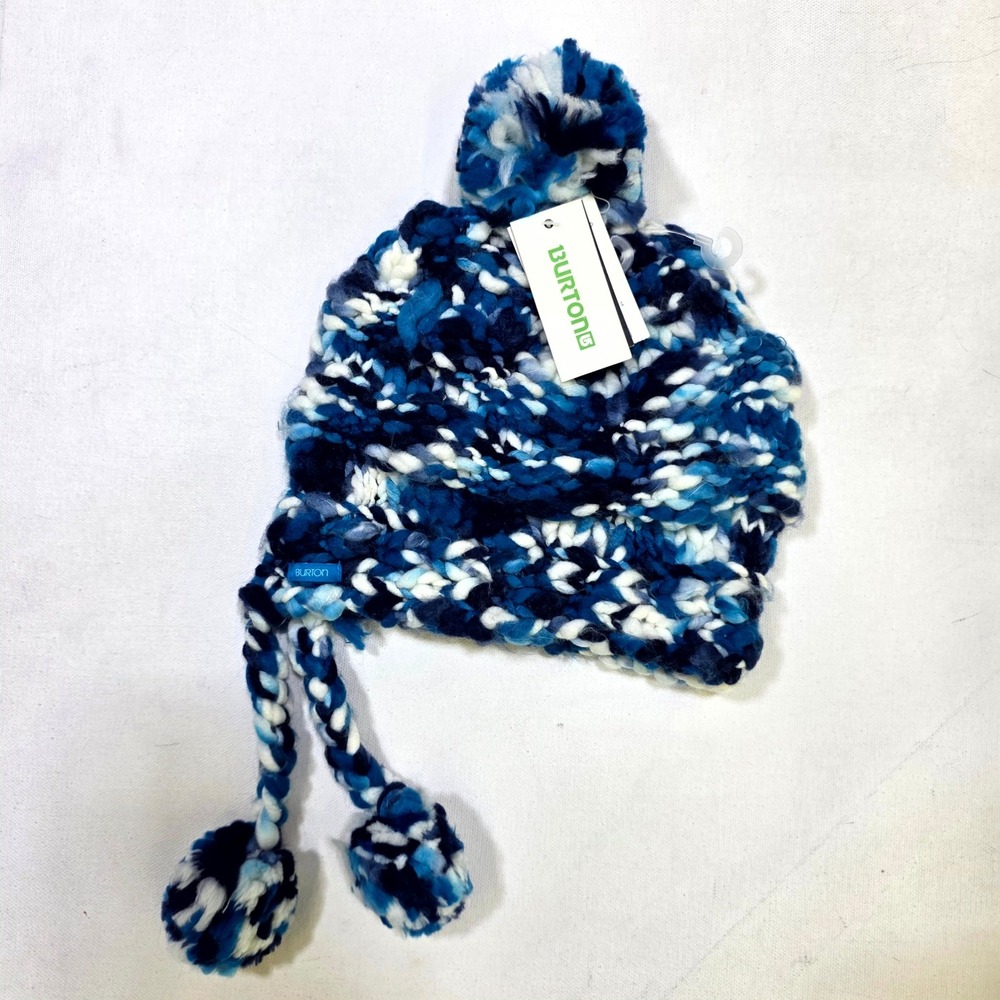 Burton Nana Earflap Beanie Girls 1SZ Heron Blue Hand Knit Pom Pom Winter Hat
